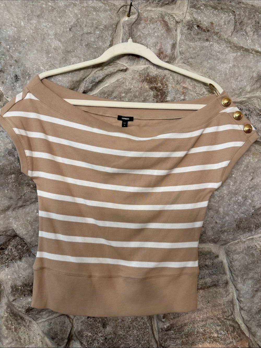 Express Tan & White Striped Boatneck Crop Top with Gold Buttons